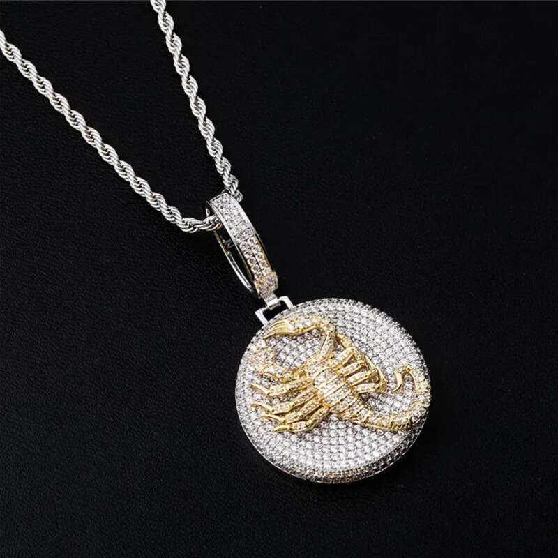 New Trendy Hip Hop Gold Sier Color Prong Setting CZ Scorpion Pendant Necklace with 24inch Rope Chain for Men Women