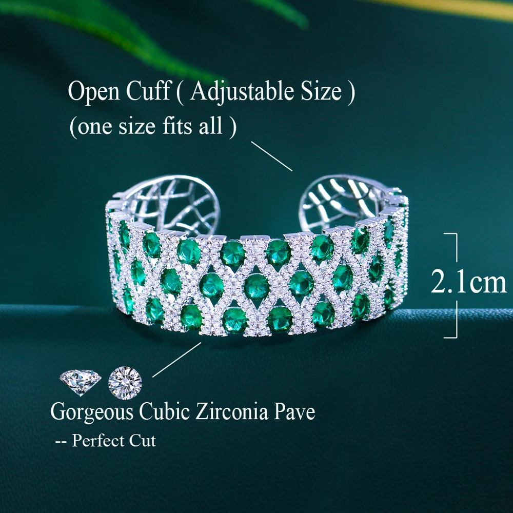 Pera Green and White Cubic Zirconia Inlaid Bridal Wedding Banquet Big Round Open Cuff Bangles for Women Hand Jewelry Z060 250930