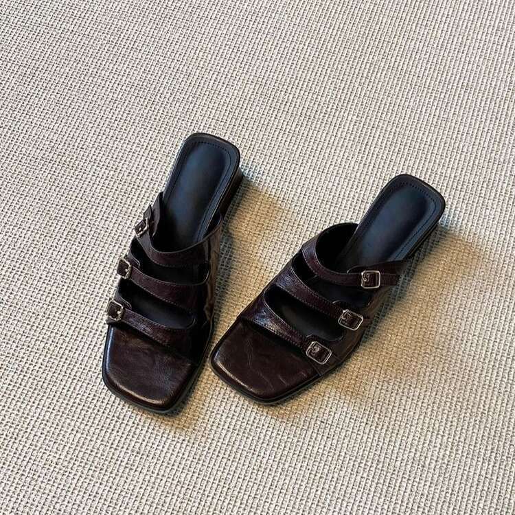 35-43 Plus Size Square Toe One-Strap Buckle Sandals for Women New Black Designer Shoe Open-Toe Chunky heel Outdoor Fashion Casual Slippers