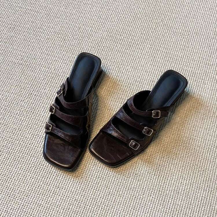 35-43 Plus Size Square Toe One-Strap Buckle Sandals for Women New Black Designer Shoe Open-Toe Chunky heel Outdoor Fashion Casual Slippers