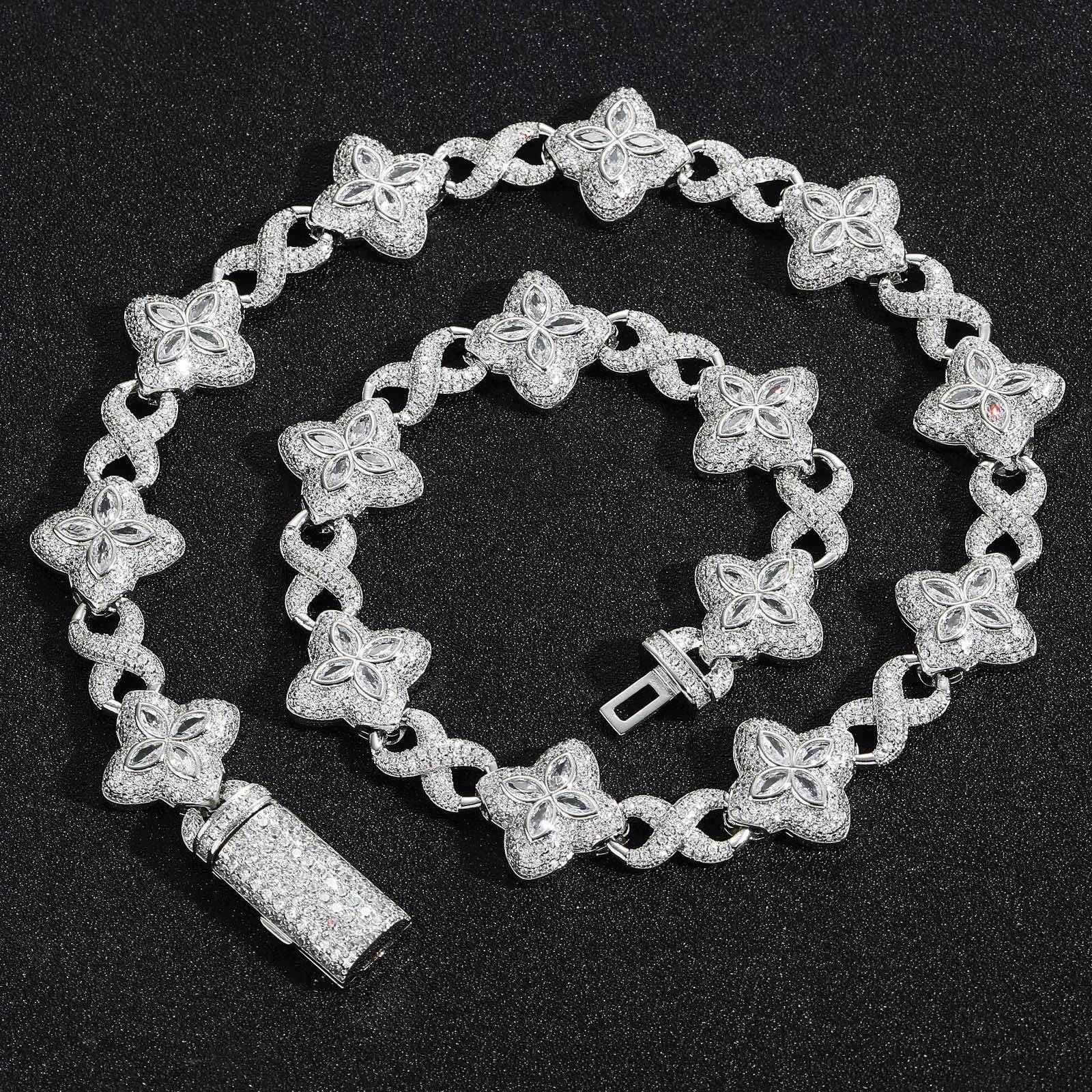 BES Hip Hop Gold Inlaid Jade Necklace; Ice Type Four-Leaf Clover Bracelet; 5A Moissanite Diamond M Chain Women's Bracelet