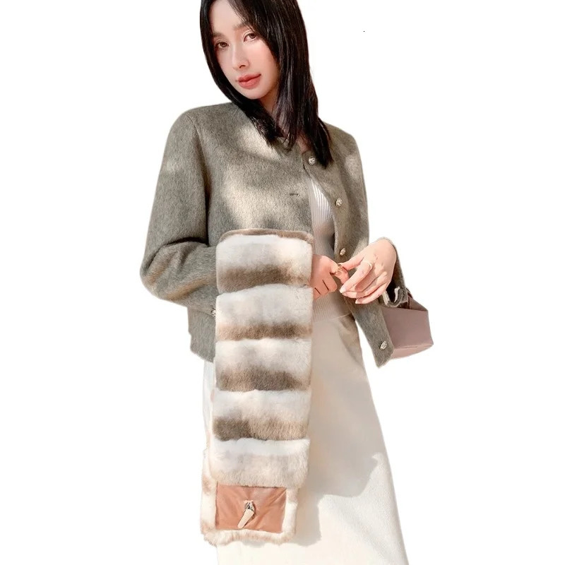 Winter Rex rabbit hair scarf lazy casual versatile real plush warm fur scarf chinchilla color women 250929