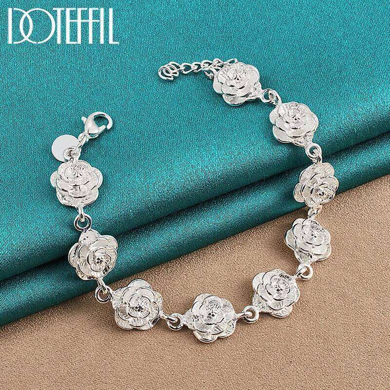 DOTEFFIL Sterling Sier Full Rose Flower Chain Bracelet For Women Wedding Engagement Party Fashion Charm Jewelry