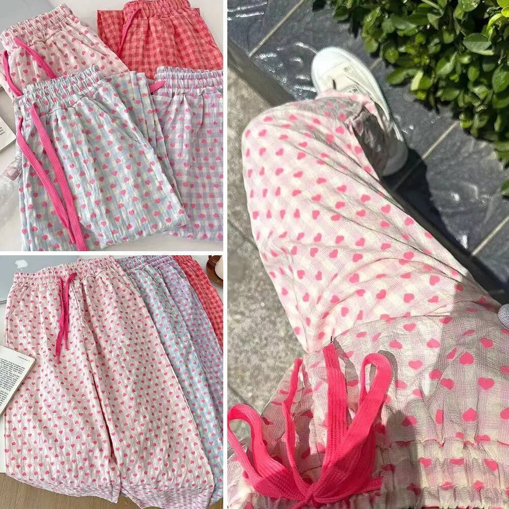 Summer Pama Woman Heart Print Gauze Home Trousers Casual Simple Ladies Sleeping Pants dongdumaoyi