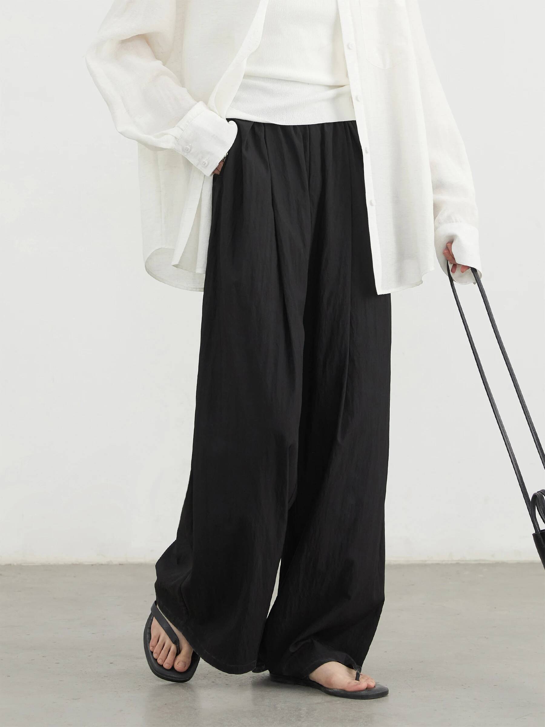 CHIC VEN Women Pants Solid Elastic Waist Loose High Waisted Casual Female Trouser Long Wide Leg Pant Spring Summer 2025 dongdumaoyi