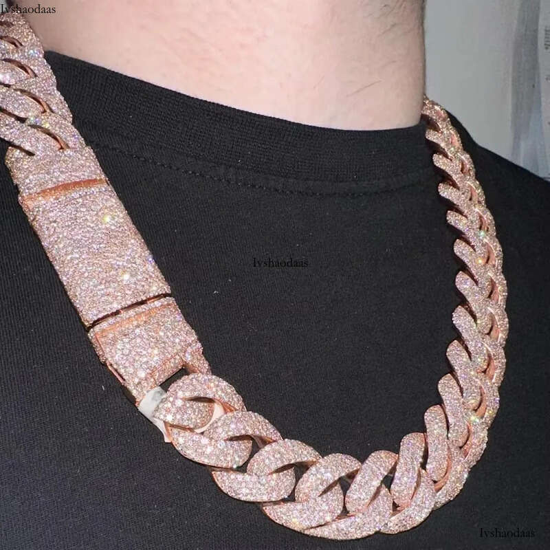 Custom Heavy Sier for Men 13mm-22mm Width S Solid Rose Gold Plated VVS Moissanite Dia Cuban Link Chain