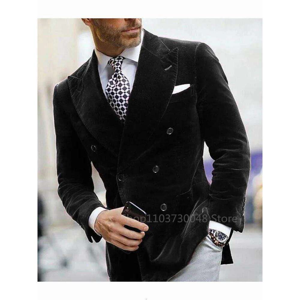 Blue/Black Veet Blazer for Men with Peak Lapel Double Breasted Dinner Jacket Elegant Smoking Suit Wedding Coat
