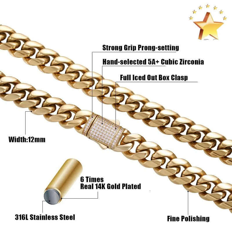 10/12MM Titanium Steel Plated Gold Miami Cuban Link Chain Mens Necklace Inlaid CZ Dia In Spring Buckle Personalized chains Hip Hop Designer Jewelry Gi