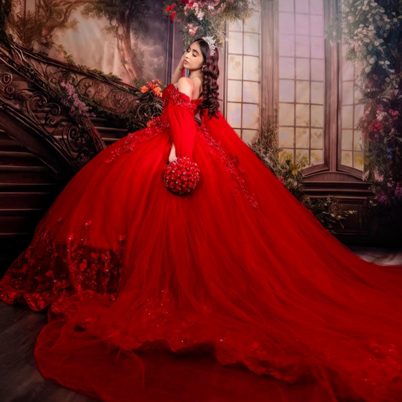 Red Quinceanera Dresses Off The Shoulder Applique Bow Beading Crystal Tull With Cape Party Birthday Sweet 16 Dress Vestidos 15 De Anos