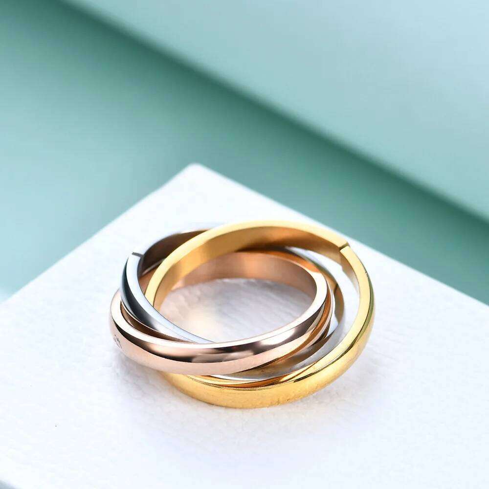 HNSP Stainless Steel Three Circle Ring For Women Girl Finger Jewelry Accessories Anti-fading Waterproof US Size 6-9