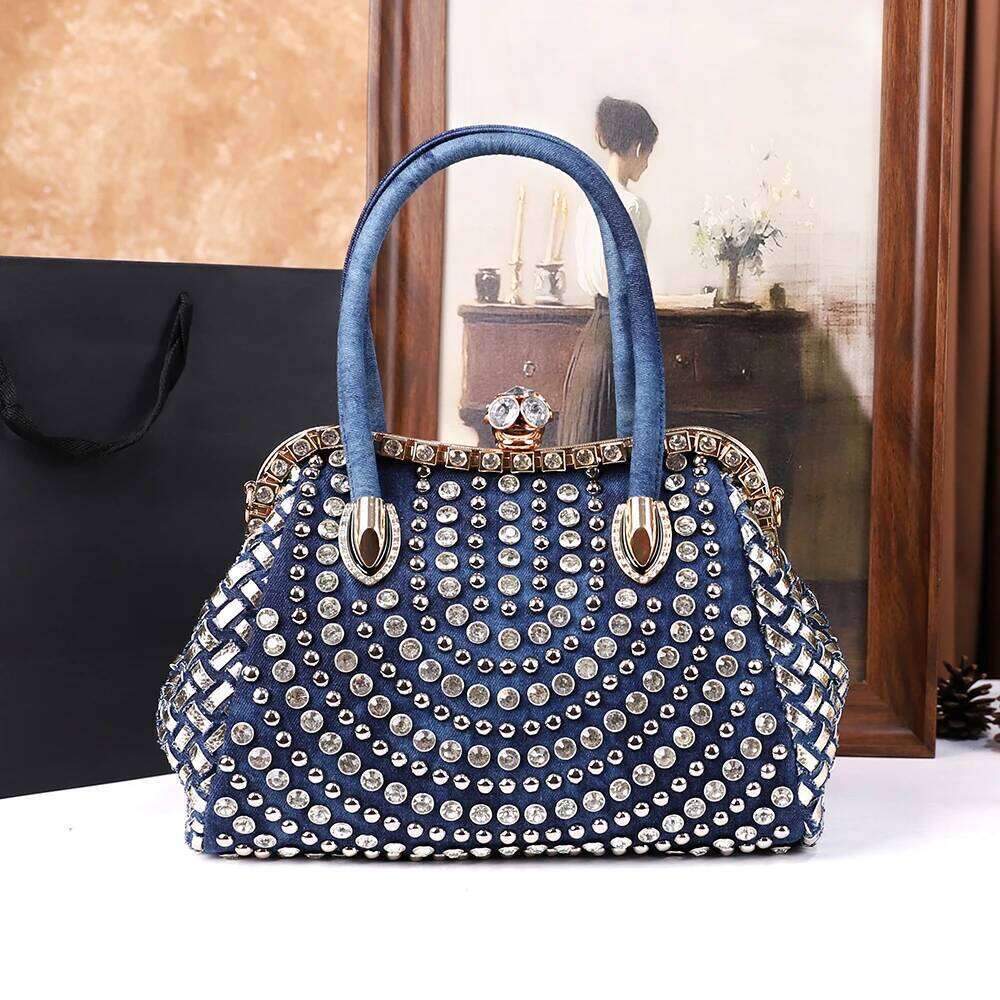 2025 New women's fashion washed denim tote bag, large-capacity elegant dia-encrusted single-shoulder crossbody bag
