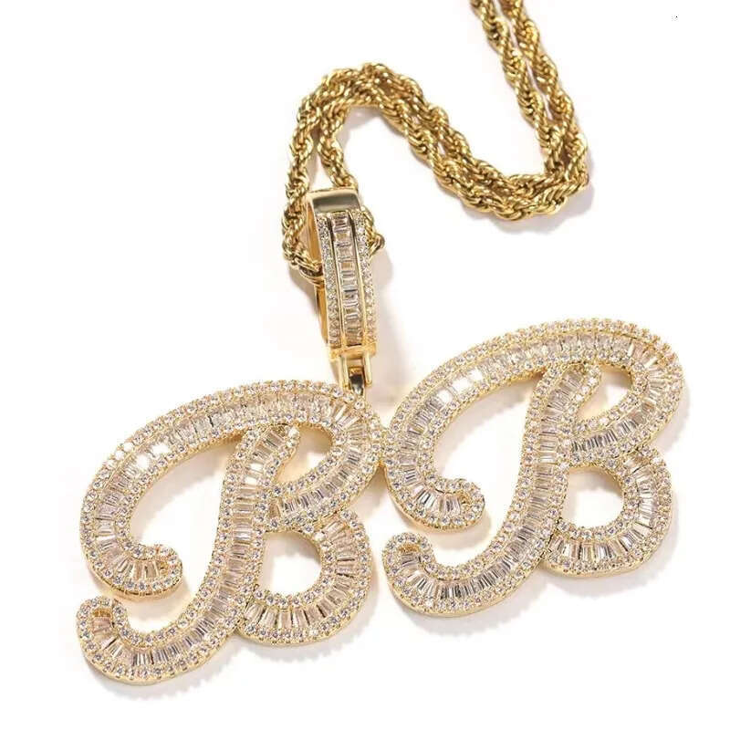 New Trendy Gold Plated Shiny CZ Stone DIY Custom Name Cursive Letter Pendant Necklace With 24inch Rope Chain