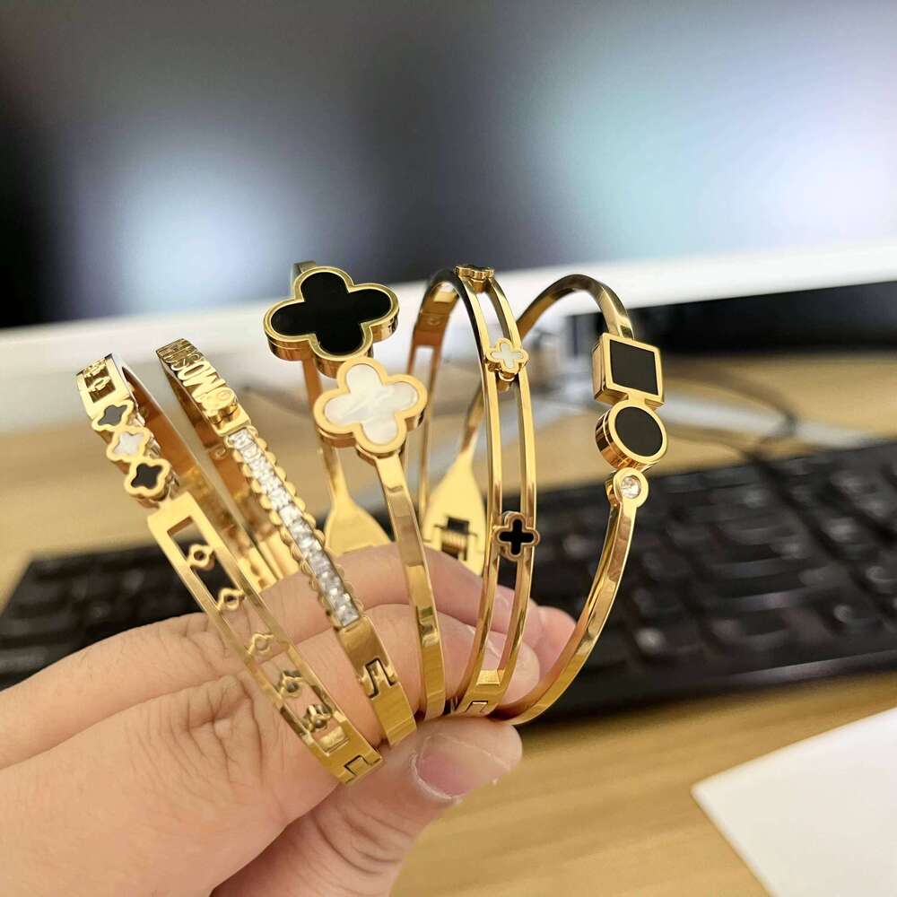 Fatingna sterling silver Open Jewelry Lucky Gold clover Bangle Cuff Women's Bracelet