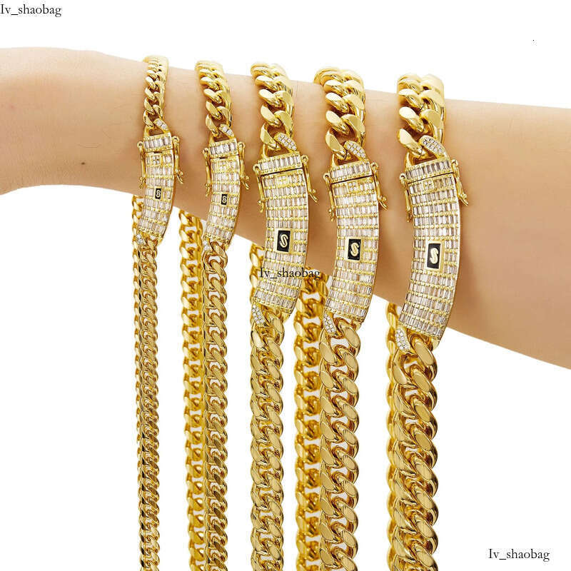 6-14mm Solid Stainless Steel Miami Cuban Chain Necklace Bracelets T Zircon Long Clasp 14K Gold Plated Jewelry