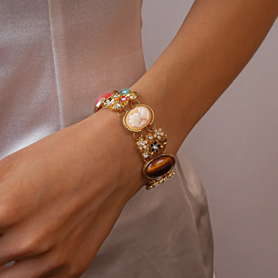 Elegant Color Flower Brick and Stone Plated Stainless Steel Irregular Resin Pearl Bracelet For Womens Jew 250930