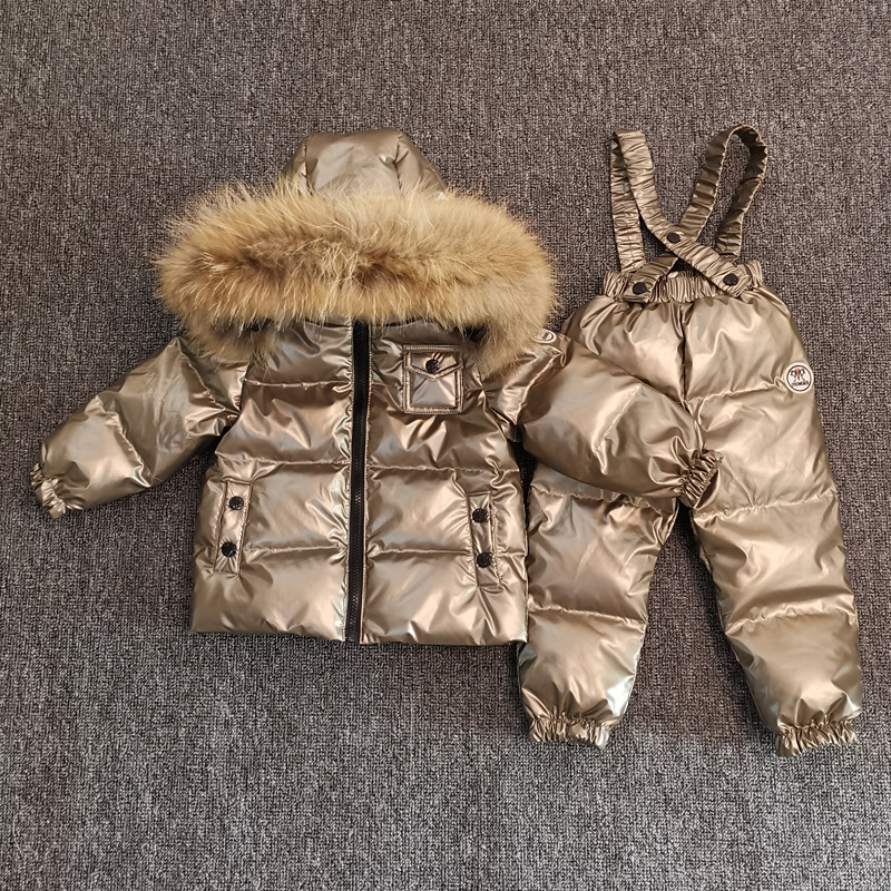 New Winter Edition Kids Down Jacket Overalls Set Big Fur Collar Boys Girls Babies Children's Clothing Skiing Clothes
