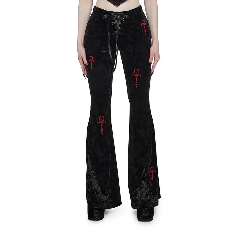 Goth Dark Veet High Waist Flare Pants Haruku Fashion Cross Embroidery Soft Long Pant Women Autumn Mall Gothic Slim Trousers dongdumaoyi