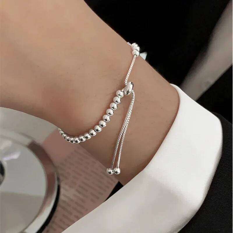 100% Solid Sterling Sier Metal Bracelets for Women Men Beads Adjustable Handmade Simple Bracelet Birthday Christmas Gifts