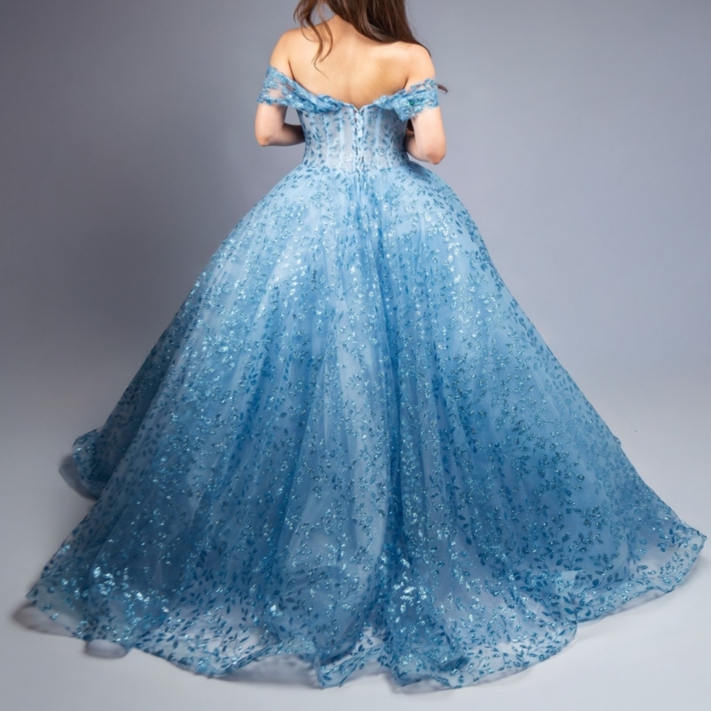 Aqua Blue Shiny Quinceanera Dresses Off The Shoulder Sequin Applique Lace Beads Tull Party Birthday Sweet 16 Dress Vestidos 15 De Anos