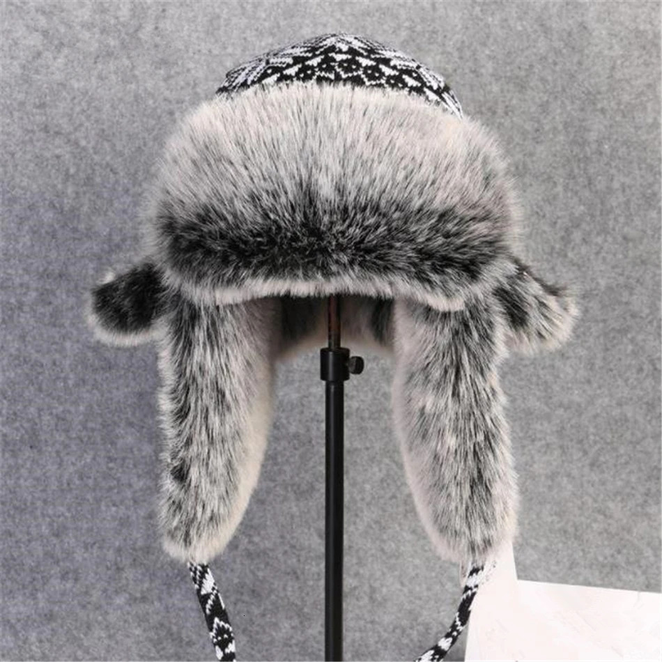 BUTTERMERE Russian Fur Hat Ushanka Black White Bomber Hats Male Female Ear Flaps Winter Thick Warm Knitting Outdoor Trapper Hat 250929
