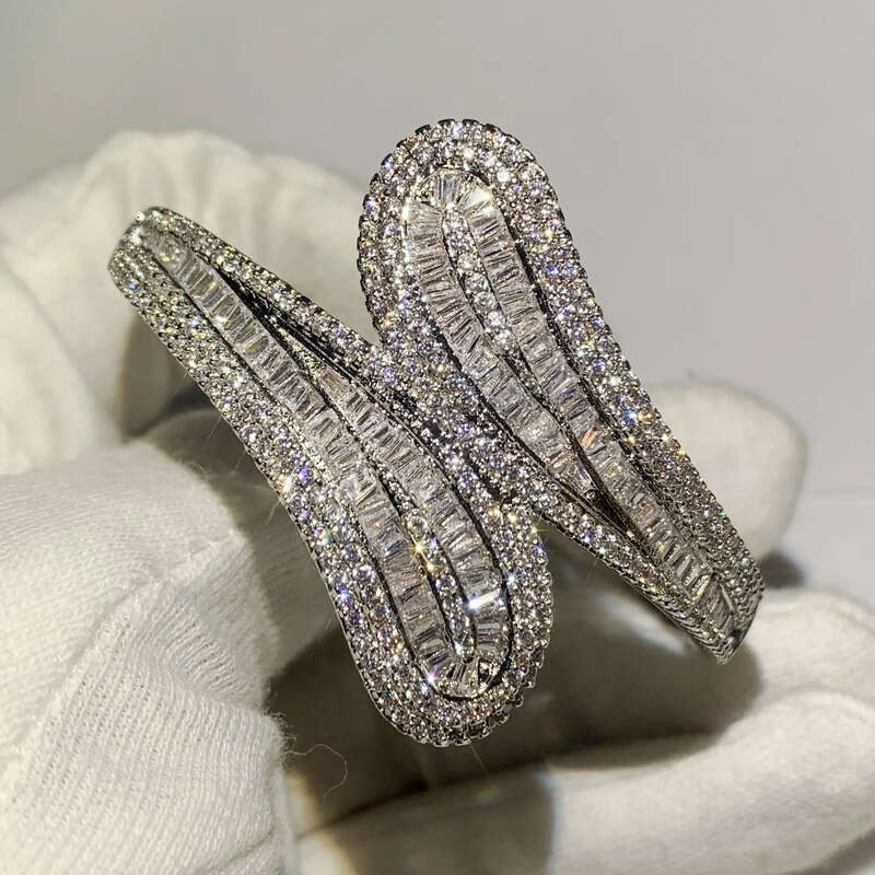 Handmade Jewelry Sterling Sier T Shape White Clear Topaz CZ Dia Eternity Cross Bangle Women Wedding Wrist Bracelet Gift