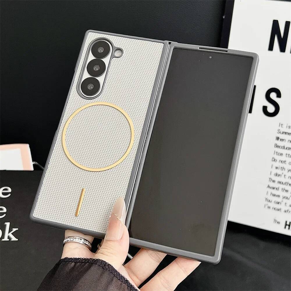 Magnetic Phone Case For Samsung Z Fold 7 6 5 4 3 5G Rhombus Texture PU Leather Hard PC Protective Cover
