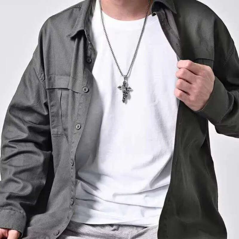 DHCollections Stainless Steel Cross Necklace with Praying Hands Pendant Chain Retro Style for Men