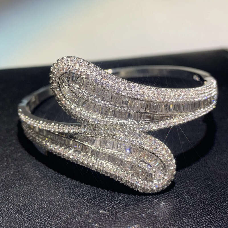 Handmade Jewelry Sterling Sier T Shape White Clear Topaz CZ Dia Eternity Cross Bangle Women Wedding Wrist Bracelet Gift
