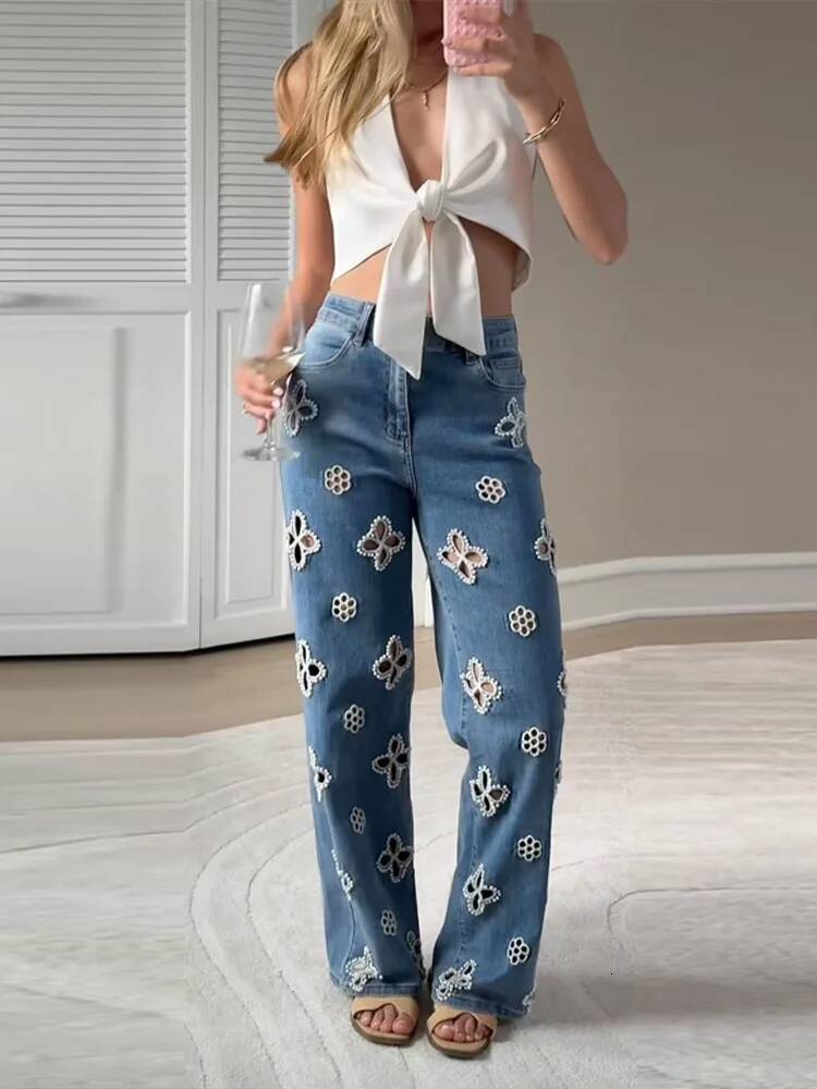 Chic Pearl Flower Cut Out Denim Jeans Pant Women's High Waist Wide Leg Trousers Y2K Style Summer Streetwear Party Casual Pants dongdumaoyi