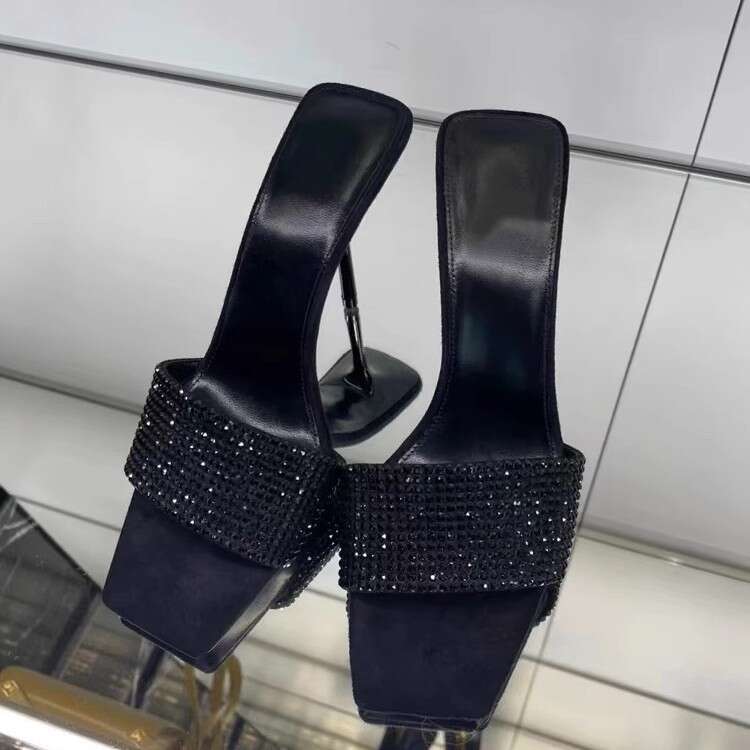 Rhinestone One-Strap for Women 2025 New Square Open Toe Thin Designer Shoe heel Sexy High heels Outdoor Sandals