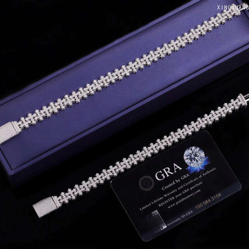 New Design Sterling Sier Gold Plated Link Bracelets Iced Out Vvs Moissanite Full Dia Cross Chain Bracelet