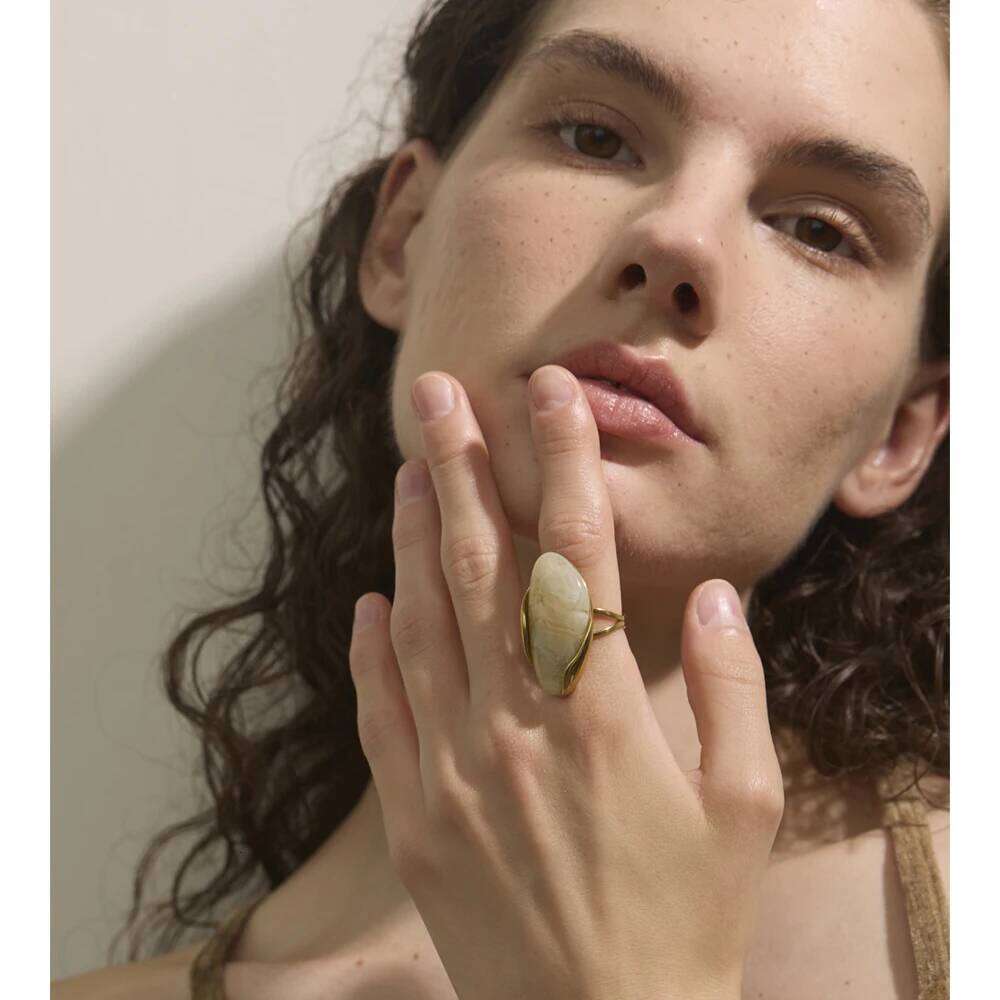 Yhpup New Design Brown Green Beige Resin Geometric Adjustable Ring Golden PVD Stainless Steel Rust Proof Finger Jewelry Gift