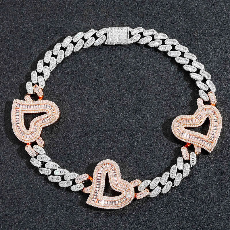 Mens Heavy Hip Hop Chians 16mm 16-22inch Gold Plated Baguette CZ Hearts Cuban Chain Necklace Gift for Friends