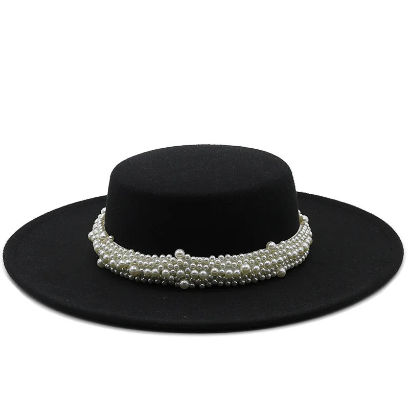 French Socialite Style Pearl Chain White Flat Top Fedora Hats for Women Autumn Spring Big Brim Boater Top Hat for Party Wedding 250930