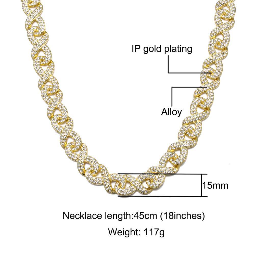 15mm 18 20 22 24 Moissanite Infinite Shaped Cuban Chain Alloy Necklace Iced Out Cubic Moissanite Bling Jewelry for Women Men