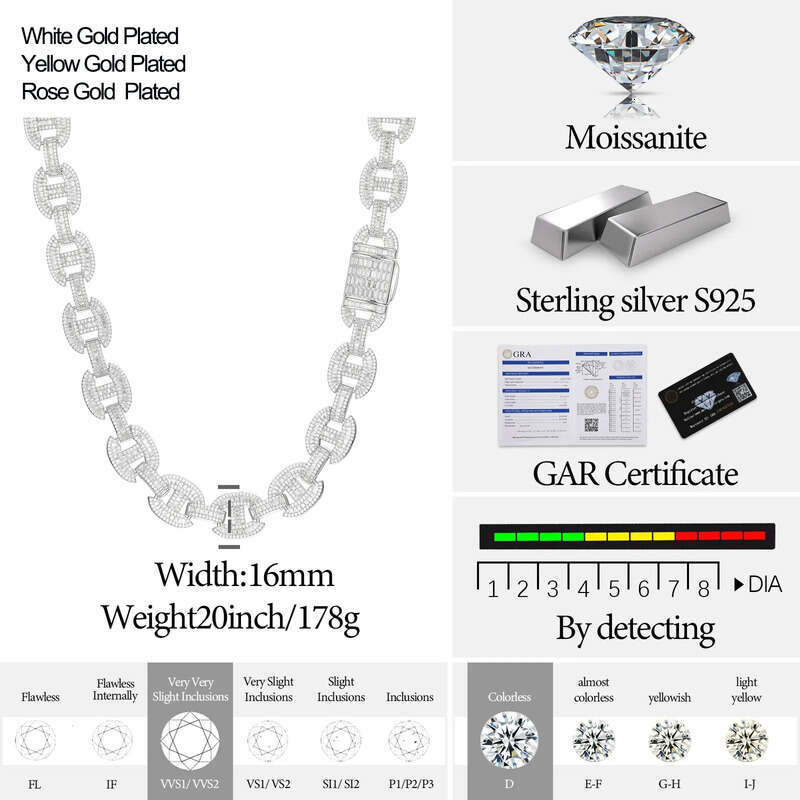 High Quality 16mm Baguette Moissanite k Sterg Sier Lab Mossanite Dia Iced Out Cuban Chain For Men