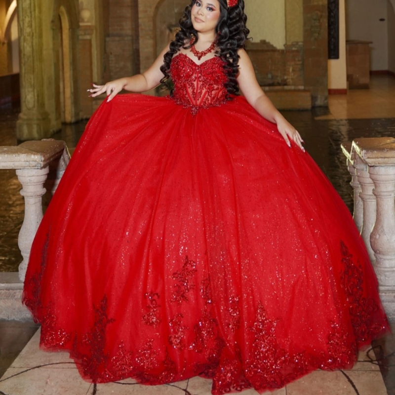 Red Shiny Quinceanera Dresses Off The Shoulder Sequin Applique Lace Beading Bow Tull Party Birthday Sweet 16 Dress Vestidos 15 De Anos