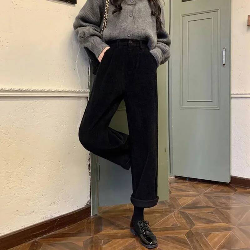 Vintage Corduroy Wide Leg Women High Waist Pockets Baggy Trousers Streetwear Korean All Match Black Casual Straight Pants dongdumaoyi