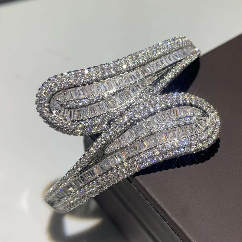 Handmade Jewelry Sterling Sier T Shape White Clear Topaz CZ Dia Eternity Cross Bangle Women Wedding Wrist Bracelet Gift