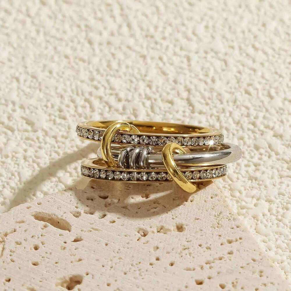 New Stainless Steel Cubic Zirconia Stackable Rings for Women GoldPlating Multi-Link Connected Statement Ring Stack Jewelry