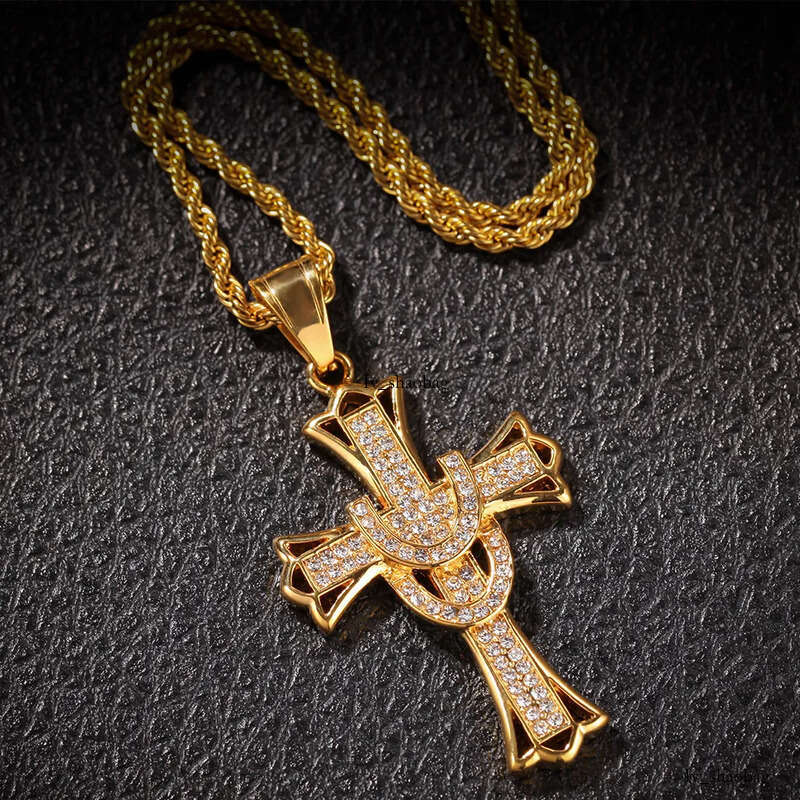 Shining Cross Pendants Necklace Stainless Steel Real Gold Plated Men Gift Religious Jewelry