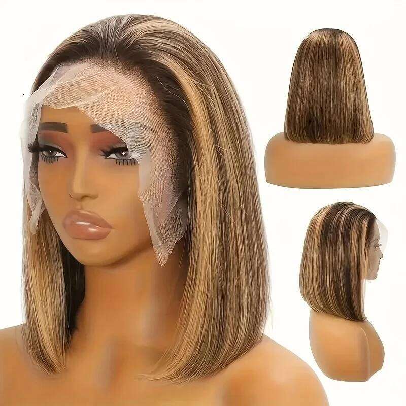 210% 4/27 HD Straight Short Highlight Bob Ombre Blond Human Hair Wigs 4X4x1 Lace Closure Wig Xiusiyuan2510