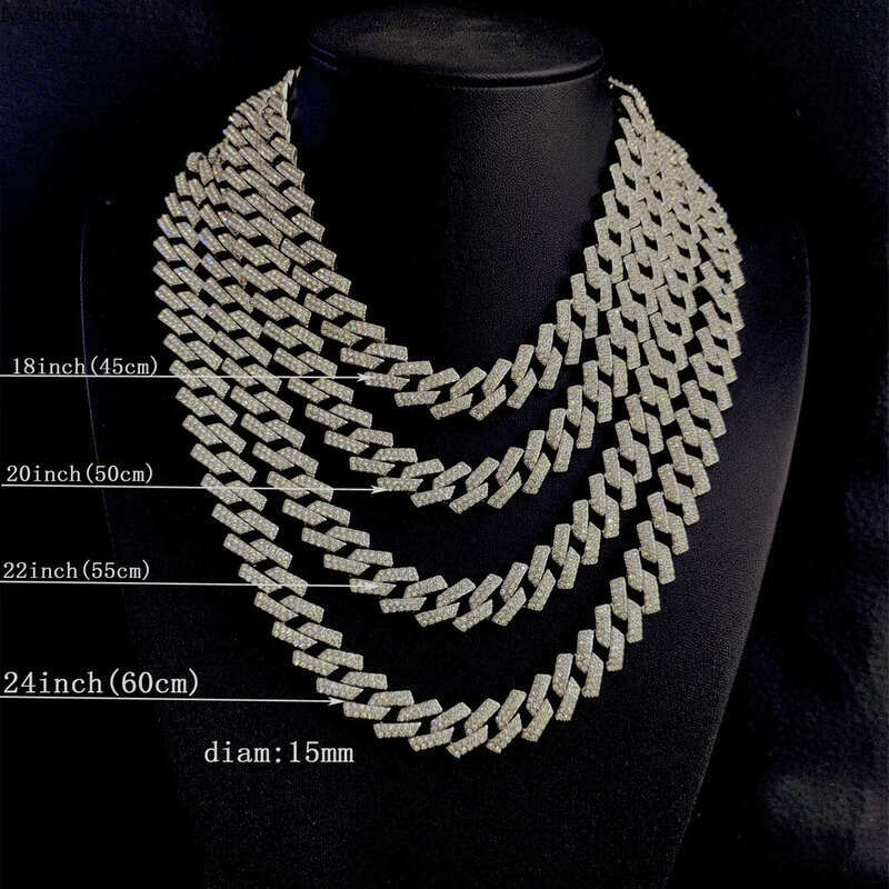 15mm alloy full dia Cuban chain mens double row quadrilateral hip-hop necklace accessory