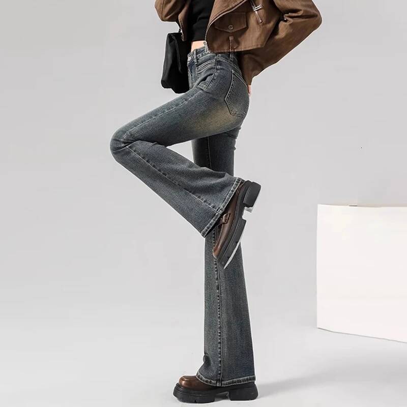 Spring Woman High Waist Vintage Flare Jeans Girls Korean Y2k 2000s Bell Bottom Pants Female Streetwear Gray Blue Denim Trousers dongdumaoyi