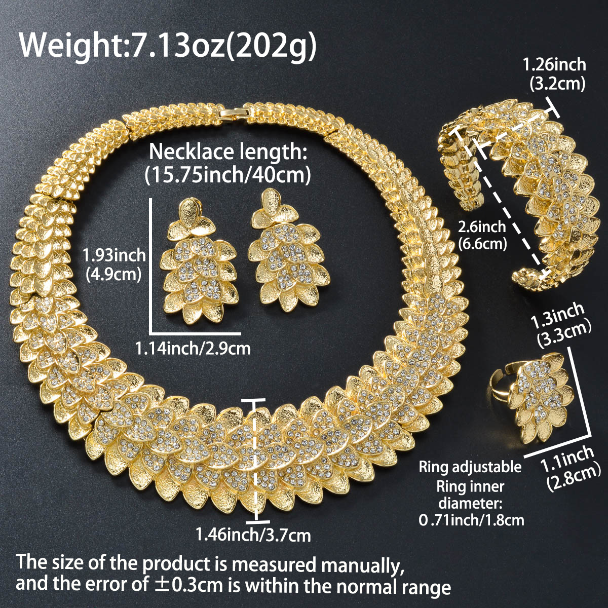 Jewelry 5-Piece 18K Gold Leaf Multi-Layered Full-Diamond Jewelry Set for Middle Eastern Banquets - Necklace, Bracelet, Earrings, Ring | Unique Jewelry