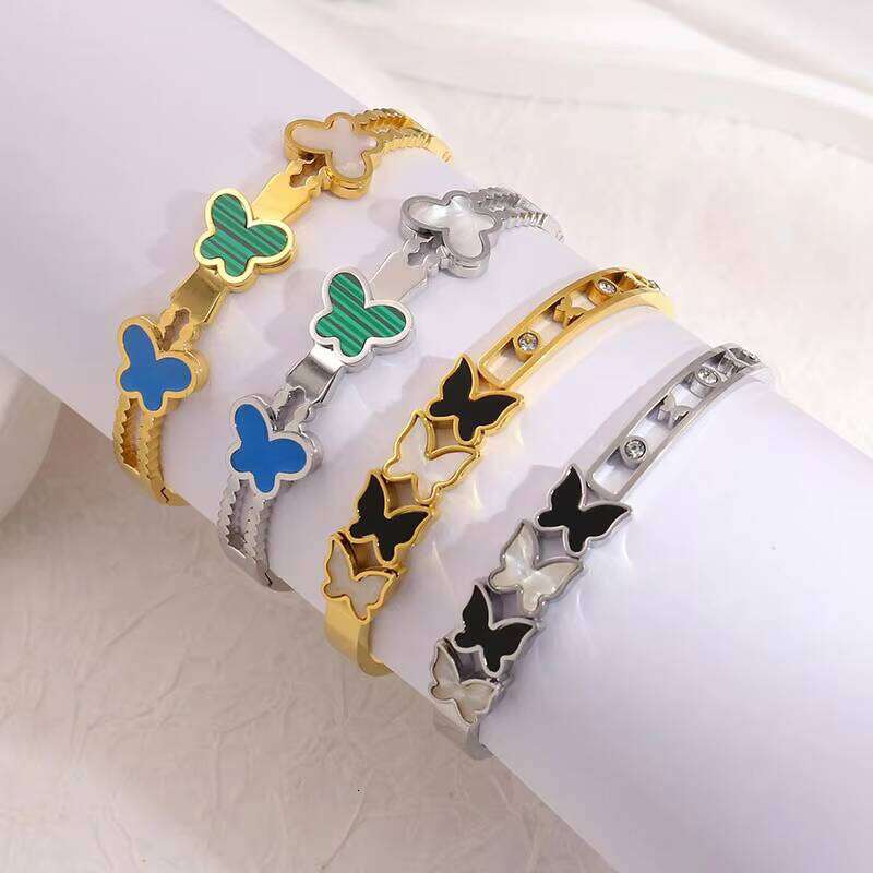 Open Black and White Shell Butterfly Bangle Blue Enamel moissanite chain Matte Fashion Women's Bracelet