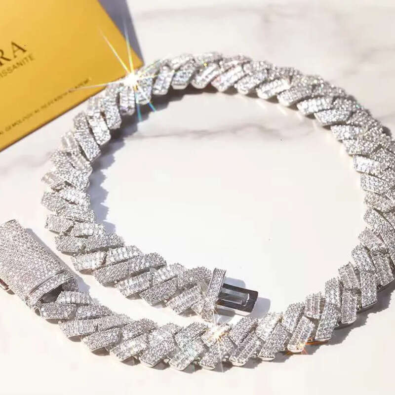 Yu Ying New Design Mixed Baguette and Round Moissanite Sier Necklace Hip Hop Cuban Link Chain Jewelry