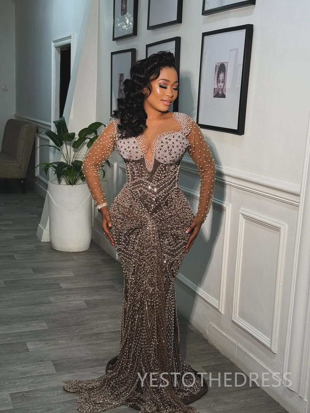 2025 Plus Size Gray Prom Dress Evening Dresses Formal Gowns Illusion Mermaid Sheer Neck Long Sleeves Pearls Beaded lace Birthday Dress Second Receptio
