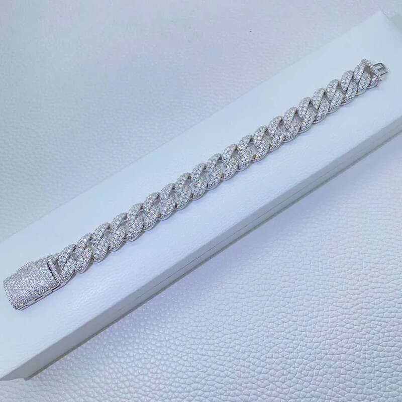 12mm 2 Rows Micro Paved D VVS Lab Dia Link Chain Iced Out Sier Moissanite Cuban Bracelet