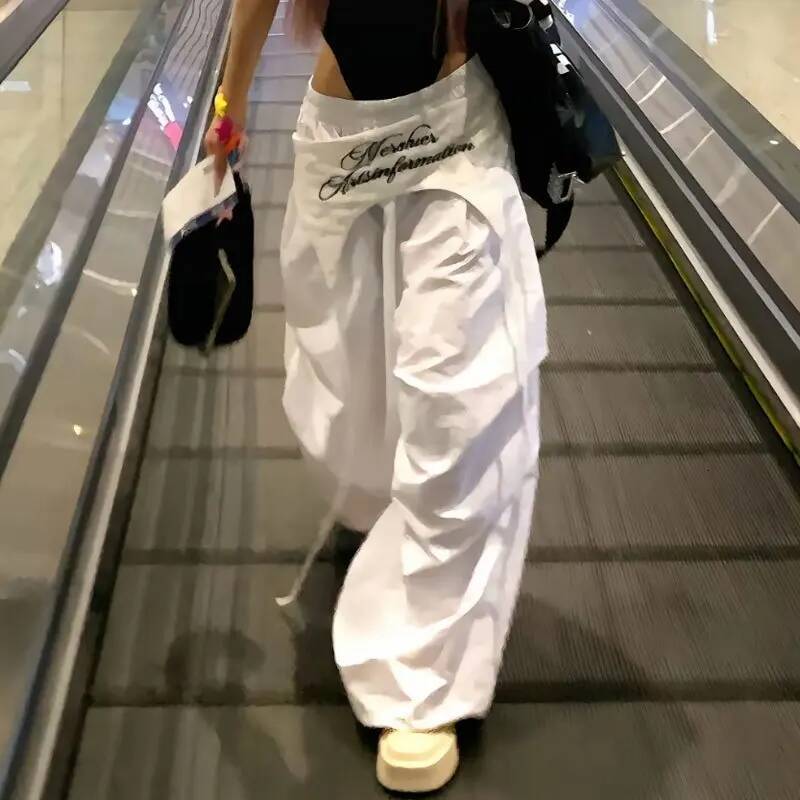 Y2K White Cargo Pants Women Streetwear Embroidery Baggy Sweatpants Haruku Wide Leg Joggers Summer Oversized Trousers New dongdumaoyi